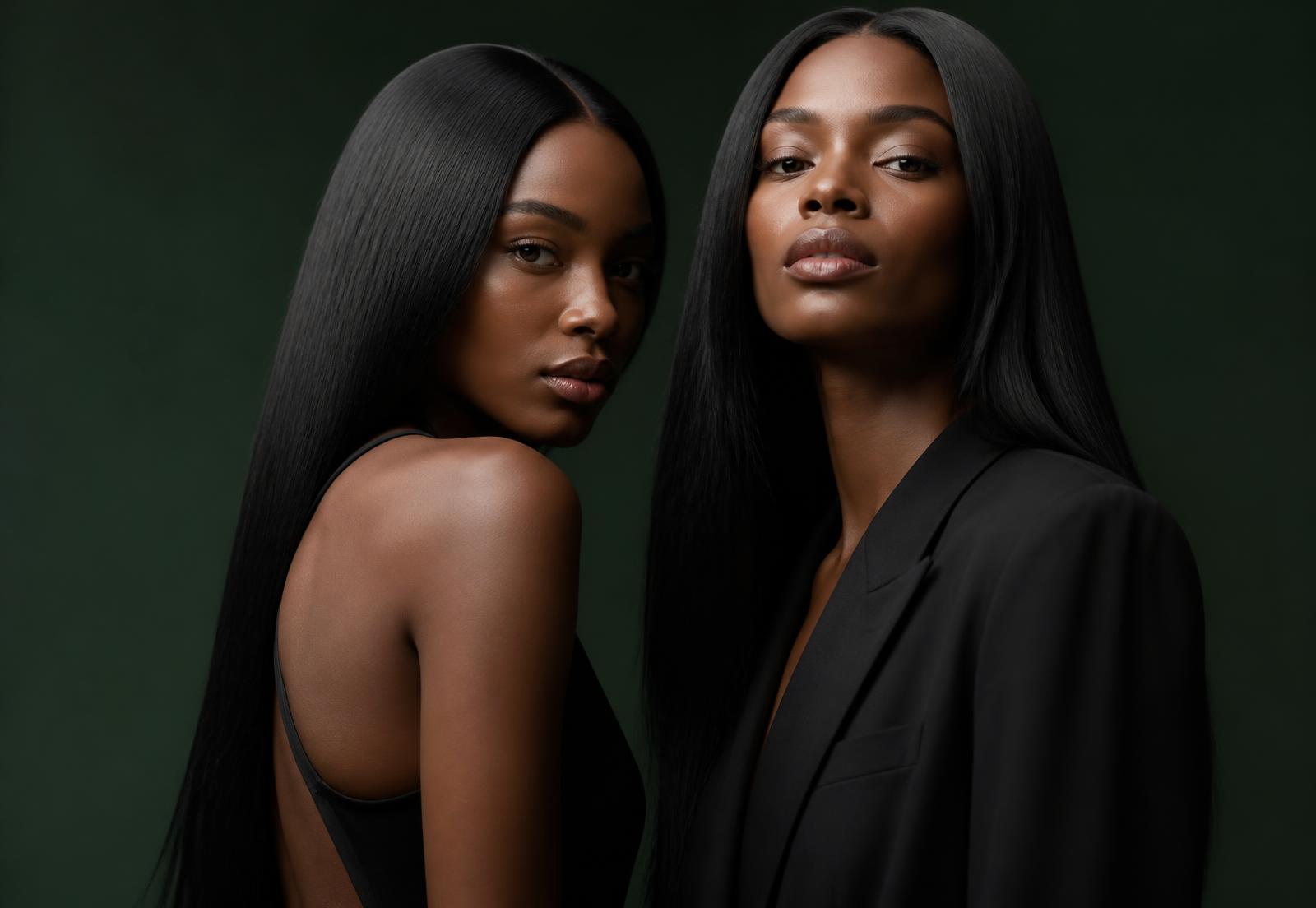Deux femmes aux longs cheveux lisses sur fond vert profond — campagne JNK Paris